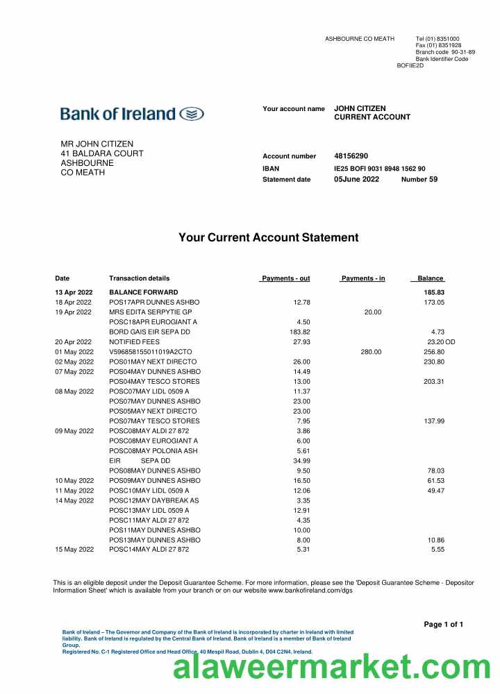 Ireland Bank of Ireland bank statement template, Word and PDF format, 2 pages